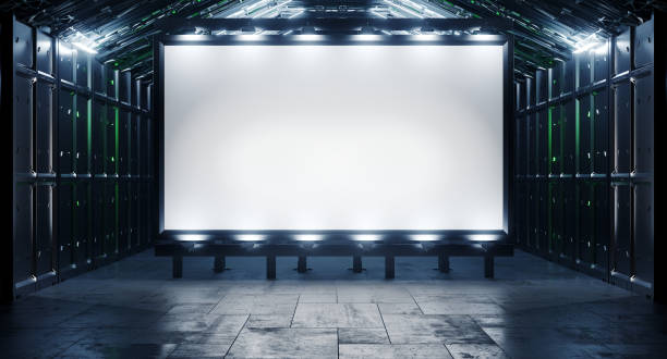 istock Sci Fi Futuristic Mockup Metal Spaceship Empty White Billboard Advertisement Grunge Concrete Modern Warehouse Tunnel Corridor Factory Realistic Background 3D Rendering 2177367741