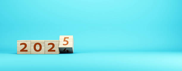 istock Wooden blocks displaying the year 2025 concept on a blue background. 3D Rendering 2177368262