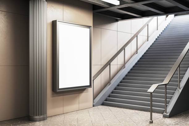 istock Blank vertical billboard in subway station with staircase in background. 3D Rendering 2177368407