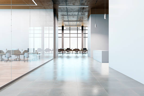 istock Modern office interior with glass partitions and spacious corridor design. 3D Rendering 2177368467