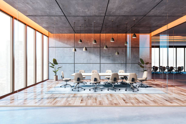 Contemporary office boardroom with large windows and wooden floors. 3D Rendering