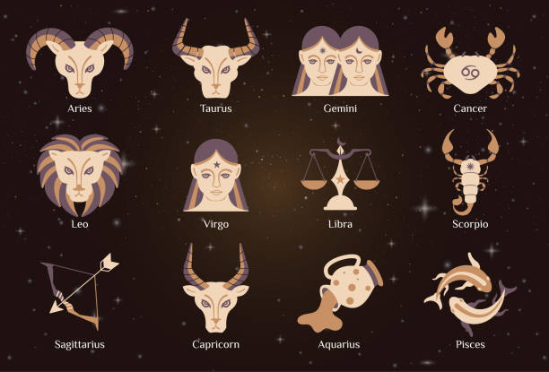 istock Zodiac astrology horoscope design vector illustrations set. Elegant symbols and icons of horoscopes with names on the dark brown background 2177370700