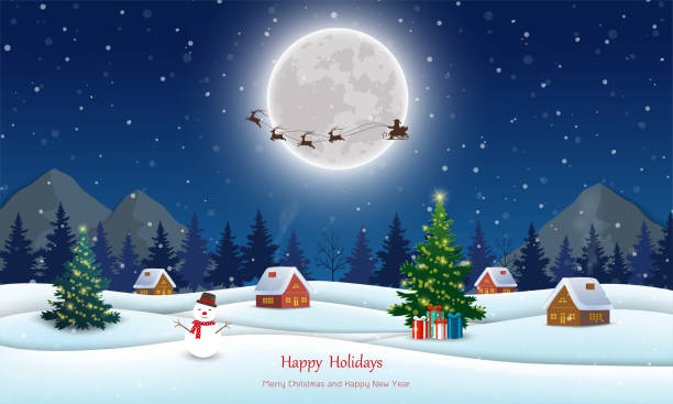 istock Winter landscape with Christmas night village and falling snow 2177378617