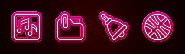 istock Set line Music note, tone, Document folder with clip, Ringing bell and Basketball ball. Glowing neon icon. Vector 2177381785
