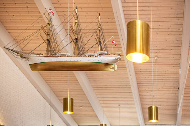 Hans Egede Church, Nuuk, Godthåb, Greenland, Denmark - August 19th 2024: Model of a ship under the roof in the modern cathedral from 1971 which is the only cathedral in Greenland