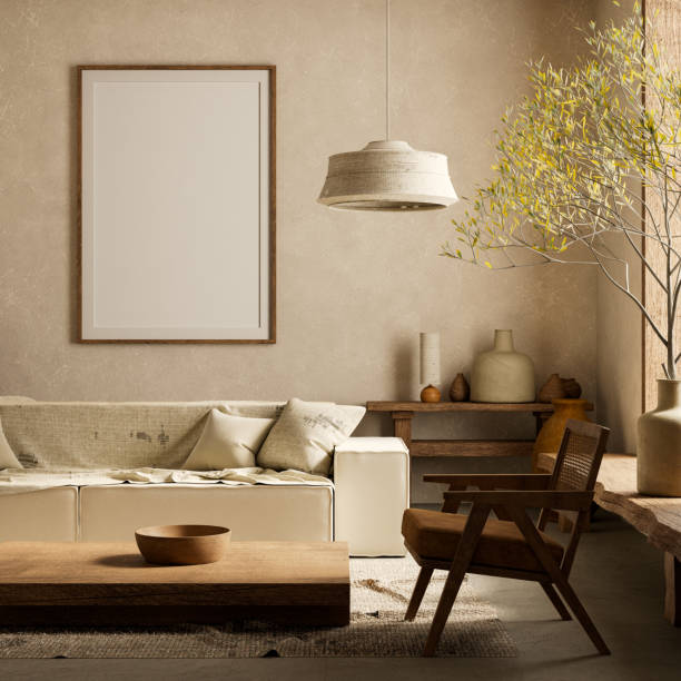 istock Mock up poster frame in boho style decorated livinig room. Modern, authentic Interior design of living room with wooden furnitures. 3D illustration 2177387848