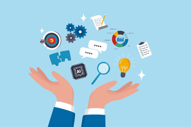 ilustrações de stock, clip art, desenhos animados e ícones de skill, work experience or ability development, expertise success, leadership or communication to success, learning skills, wisdom concept, businessman hand hold multiple skills set to achieve success. - competência