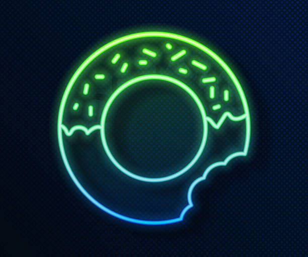 istock Glowing neon line Donut with sweet glaze icon isolated on blue background. Vector 2177402233