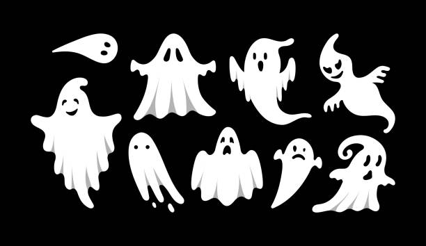 istock Cute Halloween Ghosts Set. Hand drawn spooky flying spirits collection. Cartoon funny ghost isolated on black background. Vector simple halloween horror characters. Creepy Halloween party costume 2177410189