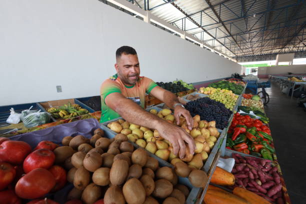 boninal, bahia, brazil - october 2, 2024: view of a stall at a street market selling family farm produce.