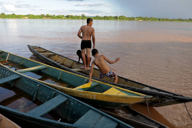 carinhanha, bahia, brazil - april 13, 2024: Fisherman's canoes are seen stuck on the banks of the Sao Francisco River in the city of Carinhanha.