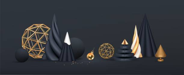 istock Christmas black and golden 3d decoration. Abstract winter holiday shape for greeting card. Christmas trees in the form of different cones and Xmas ball. Realistic vector illustration 2177416893