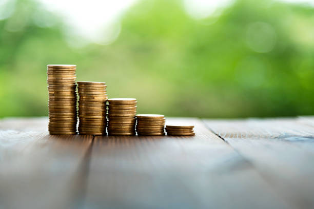Coin stacks on wooden table
