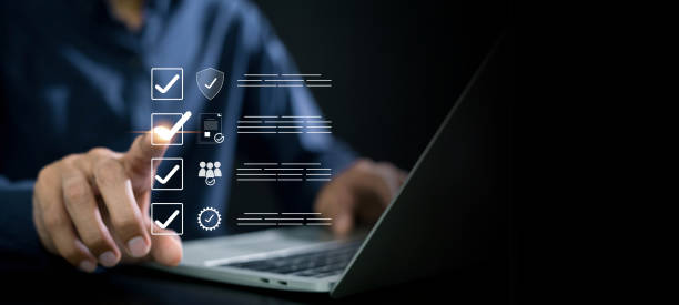 istock Standards quality assurance control Businessman touch on virtual correct sign with document icon for approve quality assurance industrial, satisfaction customer, guarantee process 2177419025