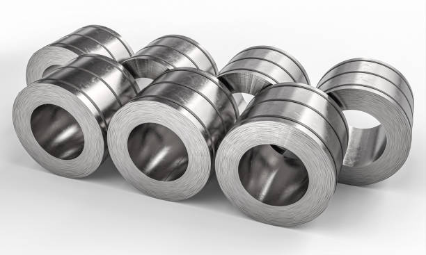 istock Rolls of sheet metal lying in a row on a white background 2177421126