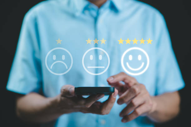 istock Customer review satisfaction feedback survey concept. Five-star rating on virtual feedback interface, excellent customer satisfaction. emoticons different levels of feedback, customer experience, 2177423237