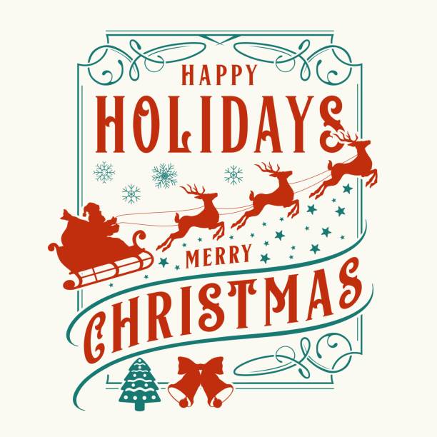Merry Christmas vintage sticker colorful silhouette Santa Claus driving sleigh with team of reindeer and bell near gingerbread vector illustration