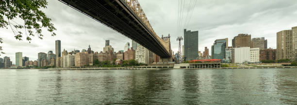 Panoramic view of the roosevelt island tramway crossing the east river with the queensboro bridge and the skyscrapers of manhattan in the background