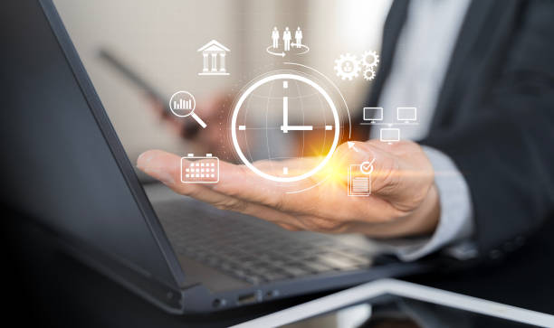 istock Business project planning. Time management concept. Businessman touching clock icon on virtual to work 2177436256