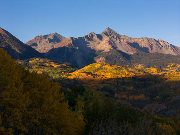 Autumn landscapes in the San Juan Mountains near Telluride Colorado. Drone perspective of Fall colors and tall rugged mountain peaks in the Southwestern United states.