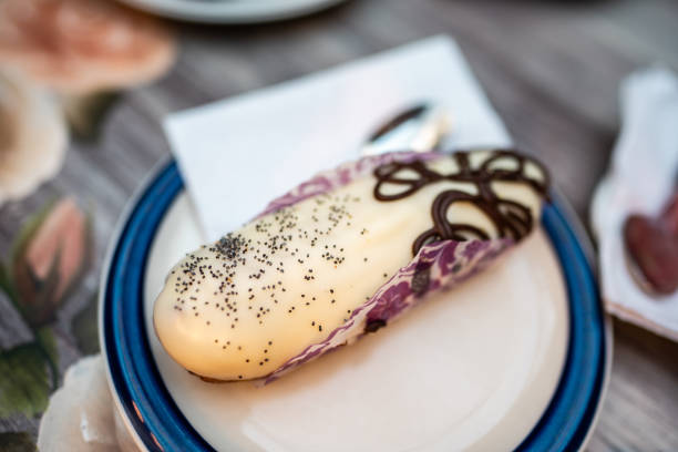 Close-up of an eclair in a restaurant