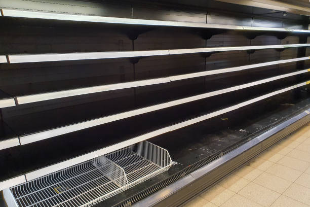Empty grocery store shelves with no products