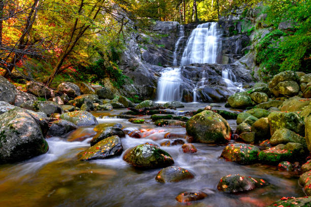 Popina Laka waterfall near Sandaski Bulgaria in the Autumn with mossy stones in the foreground and beautiful warm colored yellow, orange, red and green leaves scattered over the stones and on the water surface and trees around.