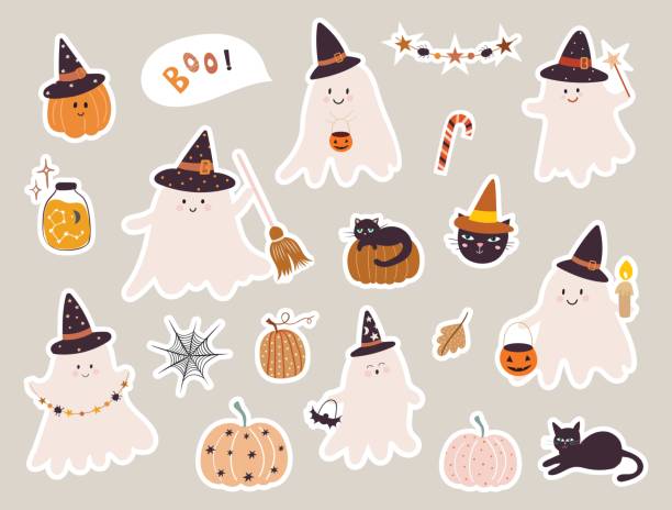 istock Halloween stickers collection with funny ghosts, pumpkins and cats, vector design 2177450866
