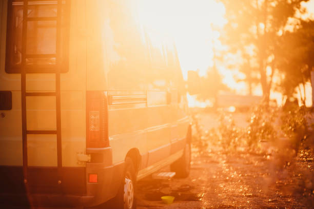 Front shot on the classic bus stopped on the road.