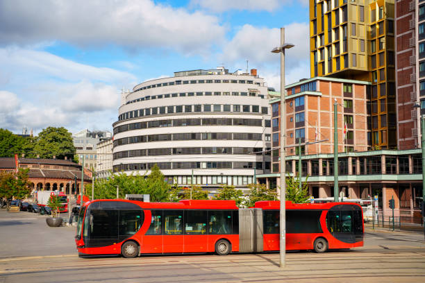Buses at the final station of the city route, top aerial view.