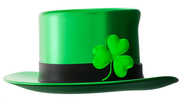 istock Green St. Patrick's Day hat, adorned with black band and green shamrock. Isolated on white background. Glossy, festive hat is a symbol of Irish heritage. Cut out design element. 3D render. 2177471721