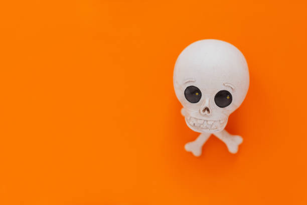 Skeleton skull with bones lie on orange background. Happy Halloween, design element