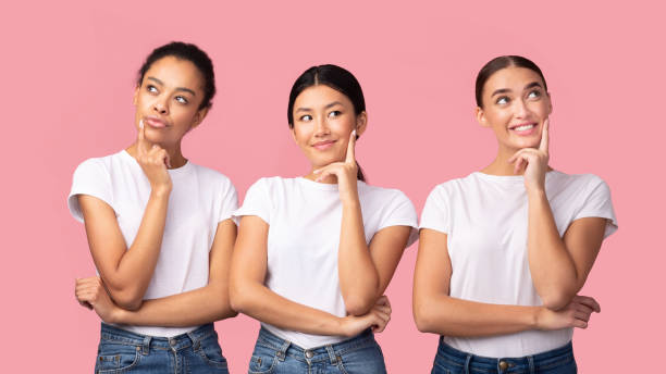 istock Three Millennial Girls Dreaming Touching Chin Over Pink Background, Panorama 2177474456