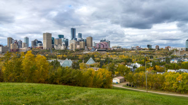 Edmonton, Canada, October 2, ,2024:View to Muttard Conservatory and Edmonton downtown with cloud sky background in fall season