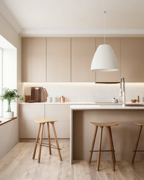 istock Modern minimalist kitchen design with stylish bar stools and abundant natural light 2177487492