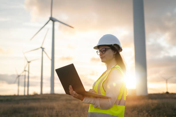 istock Female technician standing in a field at a wind farm using laptop at sunset. 2177489326