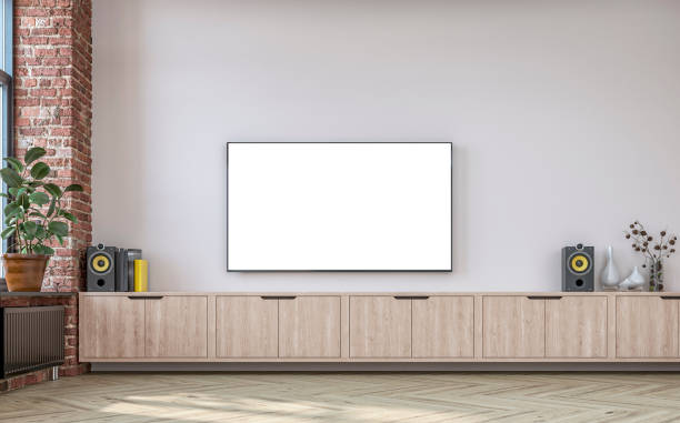 Modern retro living room with a TV on a cabinet