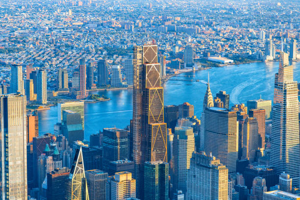Aerial view of the unique and beautiful skyscrapers of Midtown Manhattan shot via helicopter from an altitude of about 1800 feet.