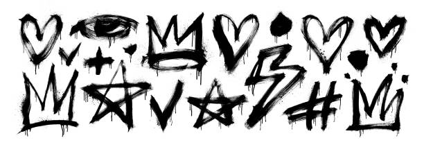 istock Collection of scribble doodle shapes with spray paint texture and drips. Hand drawn crowns, stars, eye, lightning and hearts. Dry brush drawn graffiti style elements. Vector shapes in punk style. 2177497844