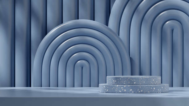 istock 3d mockup rendering image of terrazzo texture podium in landscape with blue boho rainbow background 2177501256