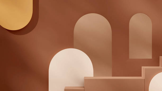 istock Brown stairs empty space in landscape with yellow and white arch window 3d rendering mockup template 2177506174