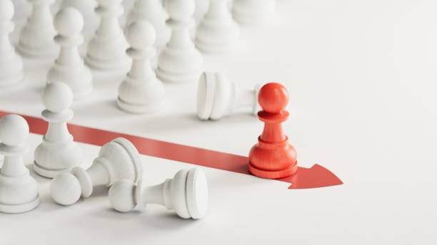 RED pawn beating competition over white background. Standing out from the crowd. Business strategy, outsider becoming the leader.3D rendering on white background.