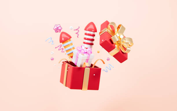 istock Cartoon firecracker and rocket with explosion confetti. Birthday surprise, holiday and event celebration, 3d rendering. 2177515726