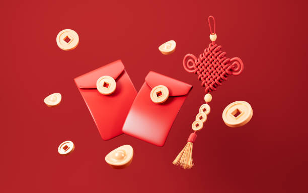 istock Red envelops with flying coins, Chinese knot with Chinese style background, Chinese Spring Festival theme, 3d rendering. 2177515900
