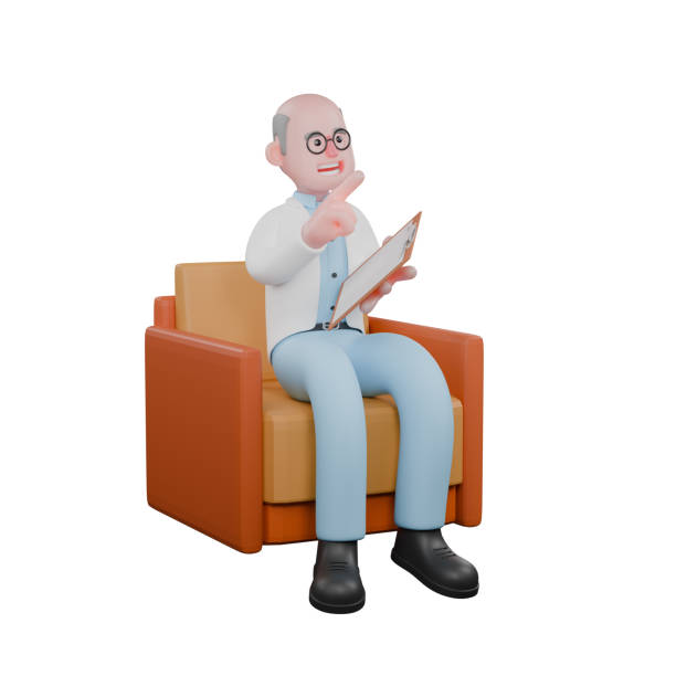 istock Professional 3D Scientist. A male scientist is sitting on a sofa while holding a clipboard and pointing forward. Male Research Expert 2177518199