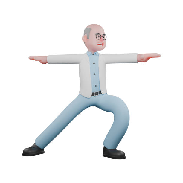 istock Professional Science Male. A male scientist is doing the Warrior 2 pose, with his legs spread wide and his arms straight and parallel. 3D Scientist Illustration 2177518692