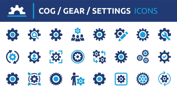 Cog and gears icon set. Gear, settings, cogwheel, configuration, preferences and options solid vector sign collection. system configuration stock illustrations