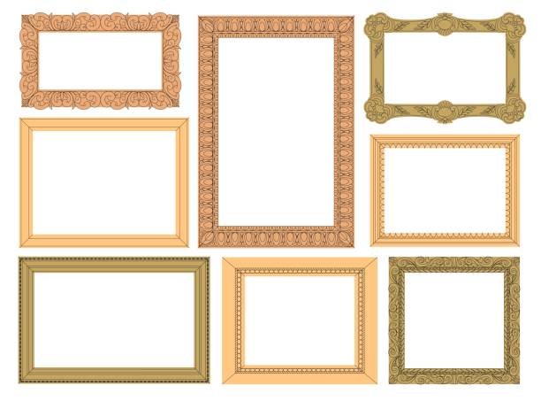 ilustraciones, imágenes clip art, dibujos animados e iconos de stock de conjunto de marcos ornamentados en dorado. lugar para retratos, paisajes y bodegones. enmarcado costoso para un espejo, una pintura o una fotografía. lugar para el texto. ilustración vectorial plana. - museo de arte