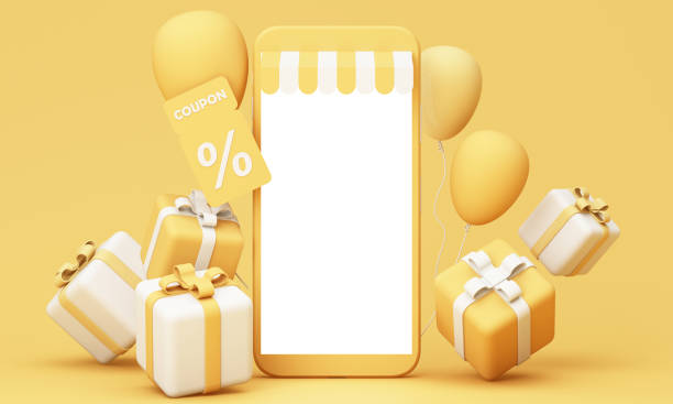 istock 3D rendering of a yellow mobile store interface with discount coupon, balloons, and gift boxes, representing online shopping and festive promotions, ideal for ecommerce themes. 2177531844