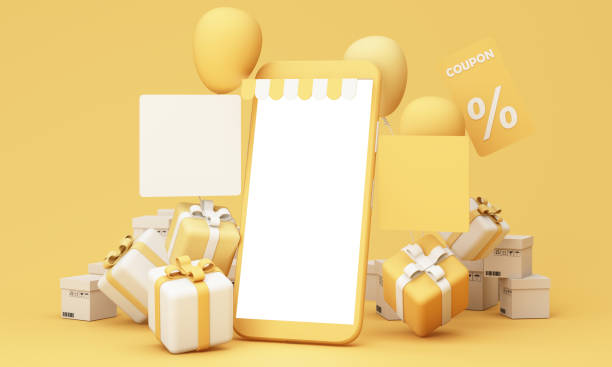 3D rendering of a yellow mobile store interface with discount coupon, balloons, and gift boxes, representing online shopping and festive promotions, ideal for ecommerce themes.